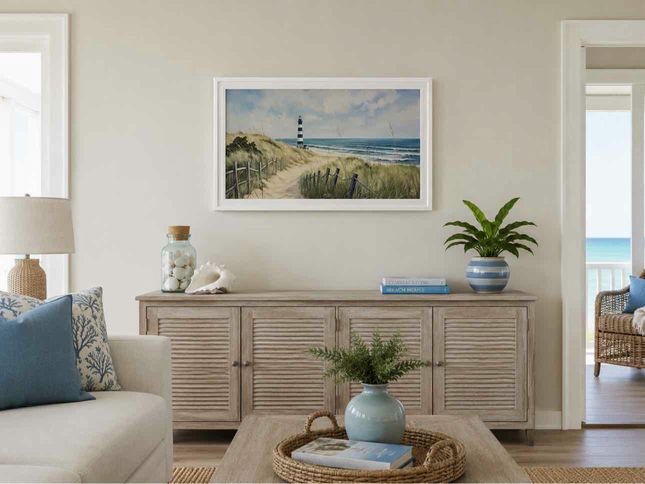 17" x 34" Framed Wall Art- Calm Waters, Guiding Light